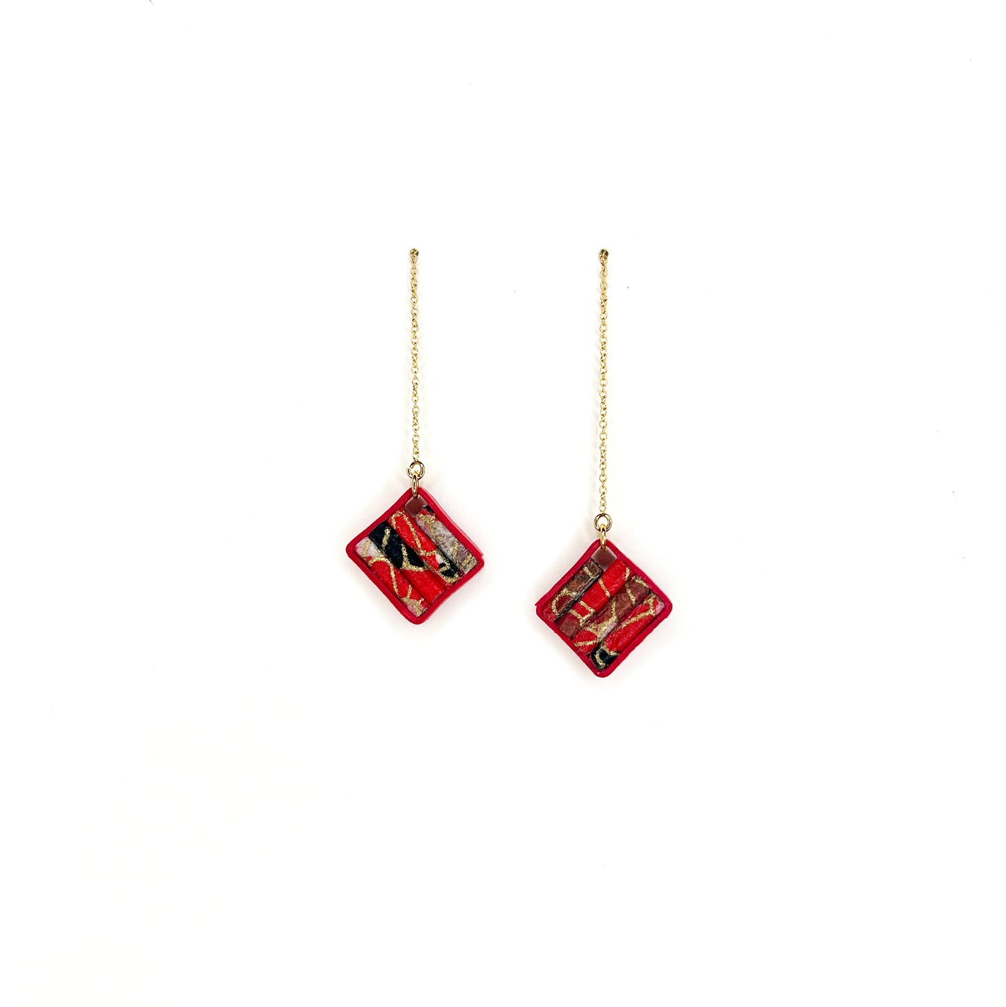 Tea Ceremony Earrings, Red Square Drop Threader Earrings