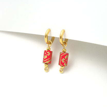 Teo, Orange & Gold Quilled Bead Huggie Hoop Earrings